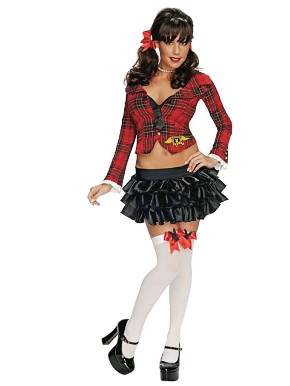 Playboy Cosplay Women’s Costume 4-Piece Set Plaid Jacket Ruffled Skirt Stockings